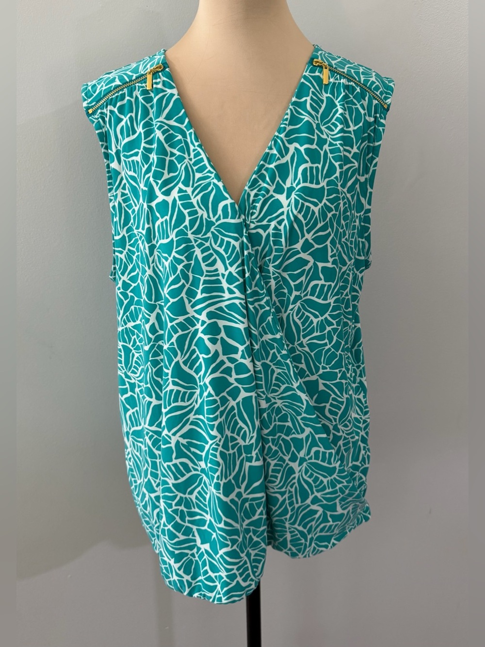 INC Teal Blue Green White Gold Wrap Style Sleeveless Women's Blouse Shirt Top
